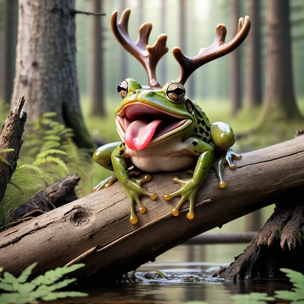 Prompt: a frog with moose antlers sticking out from its head and the frog tongue is hanging out of its mouth, sitting on a log in a forest 