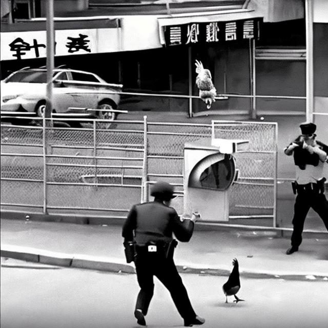 Prompt: chicken attacks cop cctv