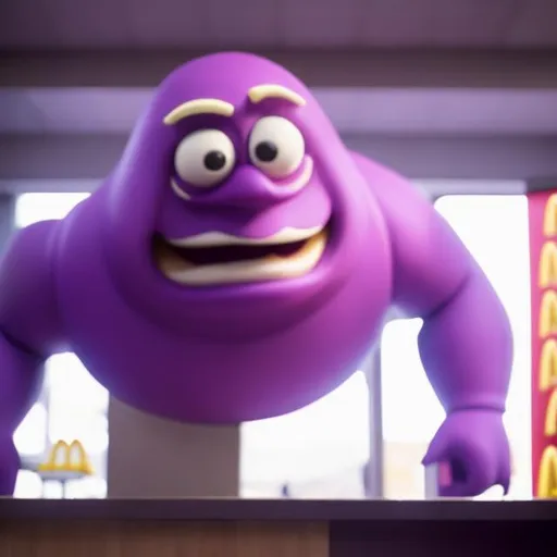 Prompt: grimace from mc donalds staring at a camera ominously cctv

