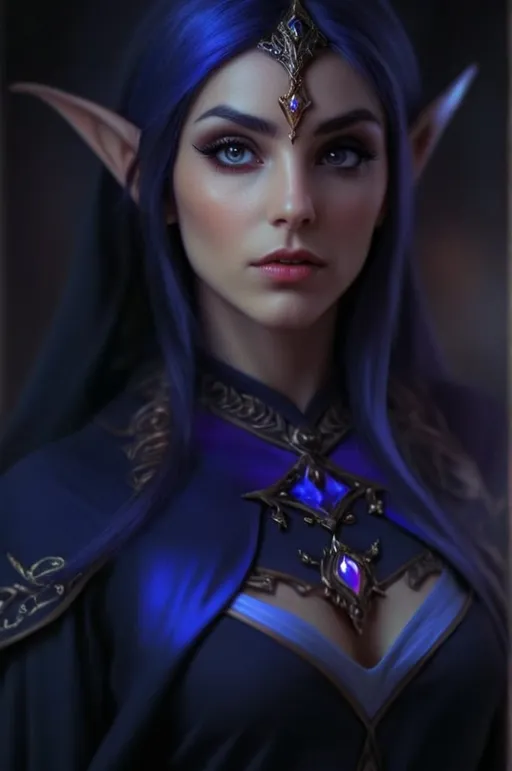 Prompt: woman mage elf in dark blue magician robe, short and small elven ears, intricate, sharp focus, illustration, highly detailed, mate digital painting, piercing gaze, expressive eyes, moody atmosphere, high quality, realistic, dramatic lighting