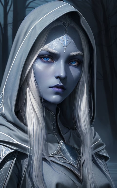 Prompt: young drow elf, woman with beautiful slim face, blue-grey skin, dark blue eyes, very white long hair, wearing a brow felt cloak with hood, clear sky in background, digital watercolor, highly detailed medieval portrait, dramatic lighting, mystical medieval fantasy portrait, magnificent, abundant, art by Lorien Stern