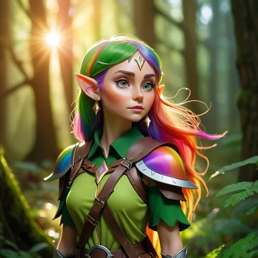 Prompt: Elf ranger in a mystical forest around sunlight with rainbow colors