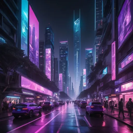 Prompt: Description of Avenida Paulista in Cyberpunk Style:Imagine Avenida Paulista, one of the most iconic avenues in São Paulo, reimagined in a futuristic cyberpunk style. The avenue is bathed in vibrant neon lighting, with predominant hues of purple, blue, and pink, creating a striking contrast with the darkness of the night. The skyscrapers are towering and clad in luminous and holographic panels displaying animated advertisements of powerful corporations and advanced tech products.Historic and modern buildings are interspersed, all adapted with technological elements such as mirrored glass facades and communication antennas. Robots and drones patrol the area, while flying vehicles and autonomous cars move along the roads, many with futuristic designs and bright lights.On the sidewalks, crowds of people walk briskly, many wearing metallic fabric clothing and cybernetic accessories. Some have visible tech implants, like cyber eyes glowing in the dark and mechanical arms. Tech shops, futuristic bars, and street vendors with advanced gadgets are everywhere, creating an atmosphere of constant motion and innovation.The sky is covered by an artificial haze caused by pollution and neon lights, giving a mysterious and somewhat oppressive air. In some spots, vegetation struggles to persist, with genetically modified trees and plants glowing softly.