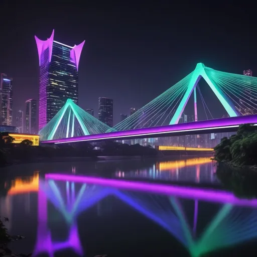 Prompt: Imagine the Octávio Frias de Oliveira Bridge, one of the most iconic landmarks in São Paulo, reimagined in a futuristic cyberpunk style. The bridge is illuminated by vibrant neon lights, with predominant hues of purple, blue, and green, reflecting on the waters of the Pinheiros River below, creating a stunning light effect.The bridge's supporting cables glow with LED lights, forming geometric patterns that pulse and change colors. The bridge's pillars are clad in holographic panels displaying animated advertisements for megacorporations and cutting-edge tech products.Surrounding the bridge are towering skyscrapers with mirrored glass facades and luminous panels. Drones patrol the area, while flying vehicles and autonomous cars move along the marginal, many with advanced designs and bright lights.On the riverbanks, there is a mix of genetically modified vegetation that glows softly and advanced technological structures. People transiting the area wear metallic fabric clothing and cybernetic accessories, many with visible implants such as cyber eyes and mechanical limbs.The sky is covered by an artificial haze caused by pollution and neon lights, giving a mysterious and oppressive air. The bridge, with its imposing and illuminated structure, stands out as a symbol of innovation and progress amidst the futuristic urban chaos.