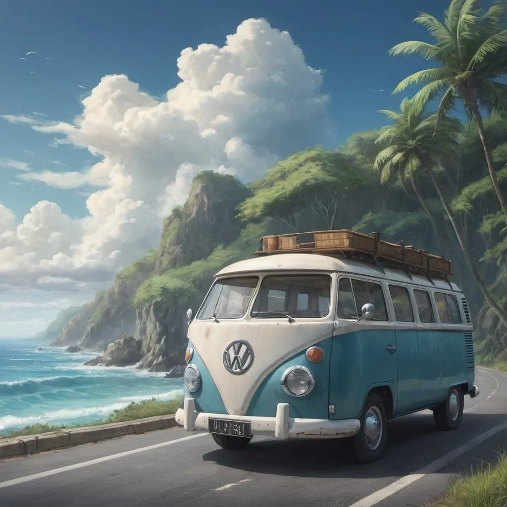 Prompt: Tropical ocean's coastal view and a cloud on it, there's a coastal road and an old volkswagen transporter is running on the way, anime