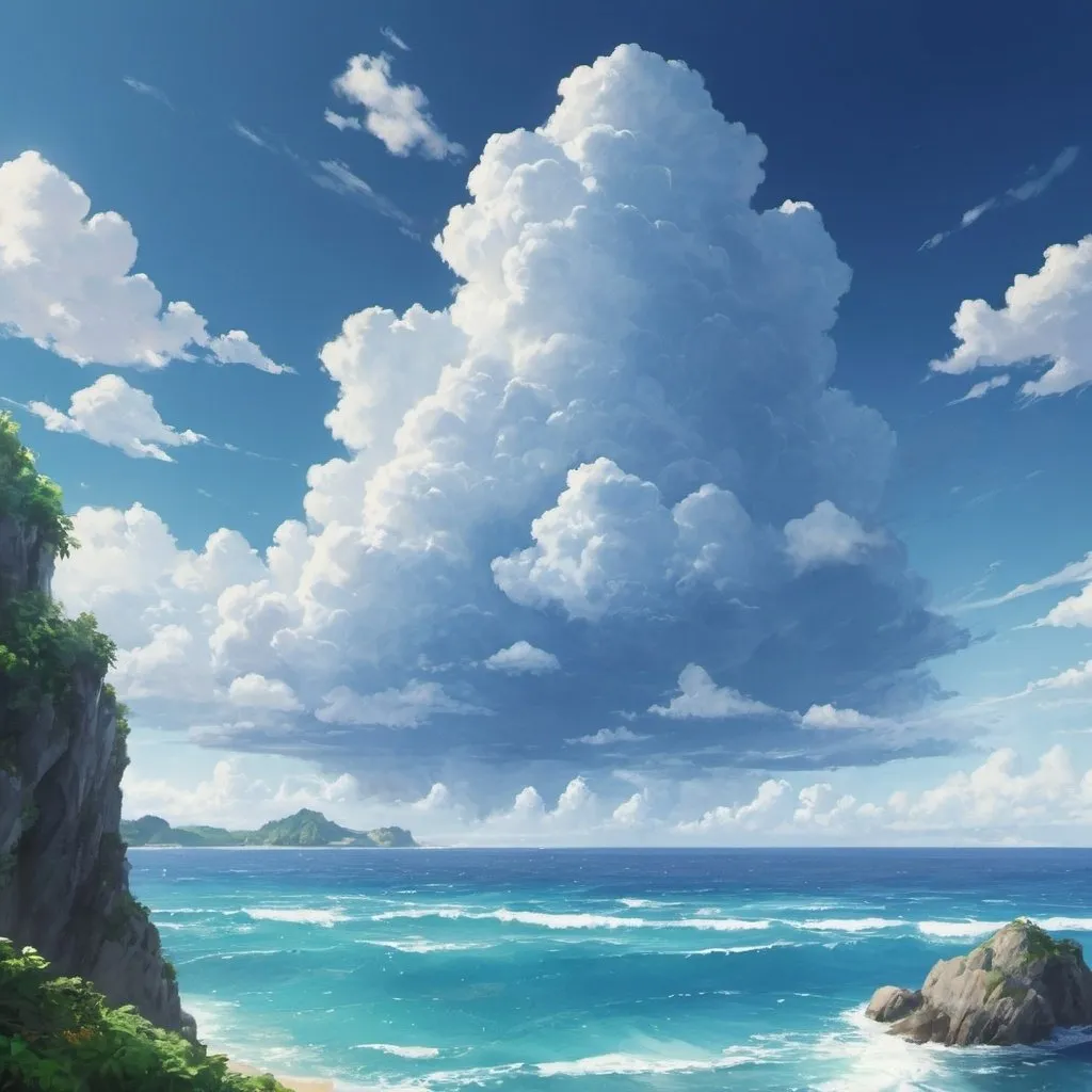 Prompt: Tropical ocean's coastal view and a cloud on it, anime 