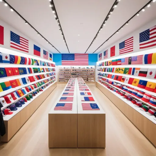 Prompt: a bright modern shop that looks like an apple store, but it sells world flags, but not american flags. they sell hats with flags on them, as well as iphone cases and mugs