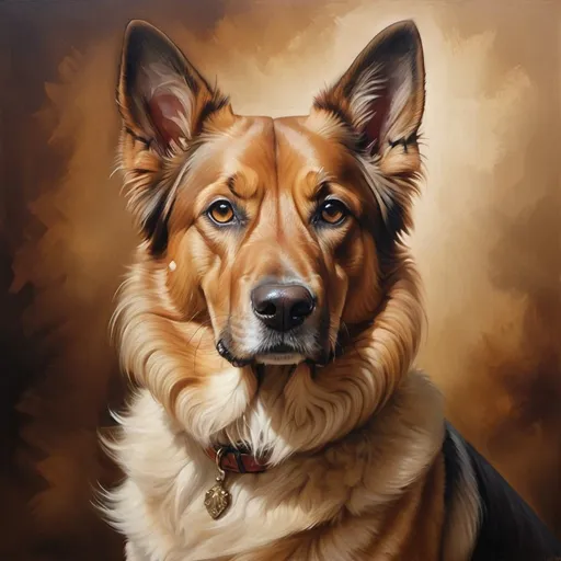 Prompt: Realistic oil painting of a regal-looking dog, rich earthy tones, noble stance, detailed fur with warm highlights, intense and focused gaze, high-quality, professional, classic art style, warm tones, natural lighting