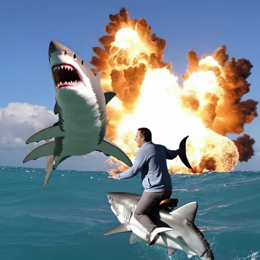 Prompt: squirrel riding a shark in front of an explosion