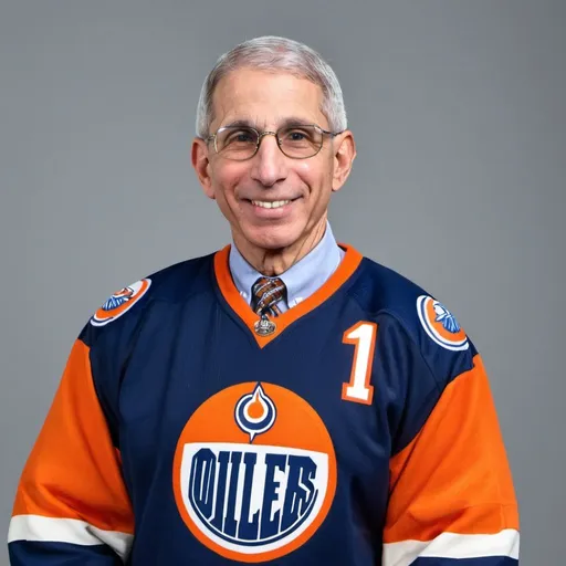 Prompt: dr. fauci wearing an edmonton oiler jersey
