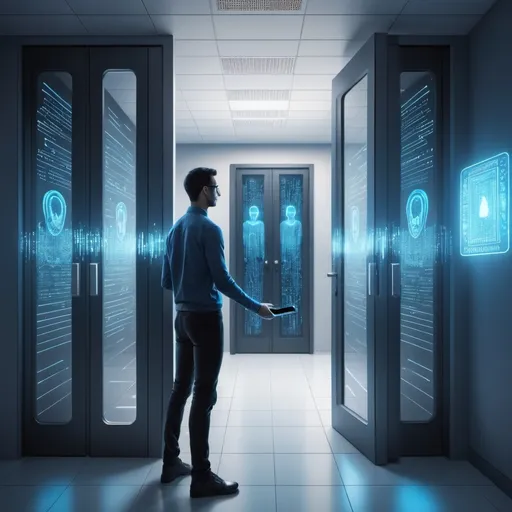 Prompt: A split screen digital illustration. On the left side, representing Authentication, show a person's face being scanned by futuristic blue light, with binary code flowing around. On the right side, representing Authorization, depict a hand holding a glowing access card in front of multiple doors with different security levels. The background should be a sleek, modern server room. Use a cool blue and white color scheme for a tech feel. Style: Clean, minimalist, high-tech illustration.