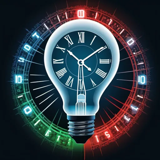 Prompt: A digital illustration representing the concept of Promises in programming. In the center, a large, glowing light bulb with binary code streaming inside it. The light bulb is surrounded by multiple clock faces, symbolizing asynchronous operations. Emerging from the light bulb are several colorful, translucent ribbons, each ending in either a checkmark (for resolved promises) or an 'X' (for rejected promises). In the background, a faded circuit board pattern. The overall color scheme should be predominantly blue and white, with touches of green for successful operations and red for failures. The style should be modern, clean, and slightly futuristic