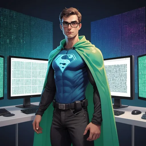 Prompt: A split-screen digital illustration:

Left side: A programmer superhero character with a cape, looking confident. They're surrounded by holographic screens showing code and binary. The code is visibly divided into smaller, color-coded sections.

Right side: The same character in casual clothes, efficiently organizing a messy room. They're sorting items into clearly labeled boxes.

Center: A large puzzle piece connecting both scenes, with "Divide & Conquer" written on it in a futuristic font.

Background: Faded binary code and puzzle pieces scattered throughout.

Style: Modern, slightly cartoony, with vibrant colors and a tech-inspired glow. Use blues and greens for a tech feel.

Additional elements:
- A small pizza divided into slices in one corner
- A miniature computer with a sorted list on its screen in another corner

Overall mood: Energetic, inspiring, and slightly humorous.