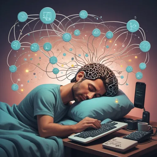 Prompt: A whimsical illustration of a sleeping programmer's brain at work. Half of the image shows the programmer peacefully asleep in bed, while the other half reveals the inside of their head as a bustling tech workshop. Tiny figures representing subconscious thoughts are seen fixing code, connecting neural pathways, and having 'aha!' moments. The scene is illuminated by a soft, dreamy glow, with lines of code floating around like thought bubbles. Style: Digital art with a touch of surrealism