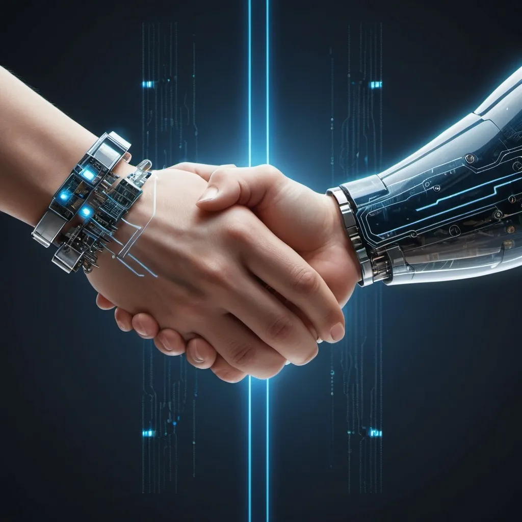 Prompt: A split-screen digital illustration showcasing two handshakes side by side, separated by a glowing vertical line. On the left side, a sleek robotic hand with visible circuitry and glowing blue lines shakes another robotic hand. Binary code and small floating JavaScript symbols surround this handshake. Above it, in a futuristic font, the word 'Promise' is displayed.
On the right side, two human hands engage in a warm handshake. The human hands are diverse in skin tone. Above this handshake, in a more traditional font, the word 'הבטחה' (Promise in Hebrew) is displayed.
Connecting the two handshakes, ethereal threads of light flow from one side to the other, symbolizing the connection between technological and human promises. In the background, a subtle circuit board pattern transitions into a soft, organic texture.
The color scheme should blend tech-inspired blues and silvers on the left with warm, natural tones on the right. The overall style should be modern and slightly realistic, with a touch of abstract elements in the connecting light threads.