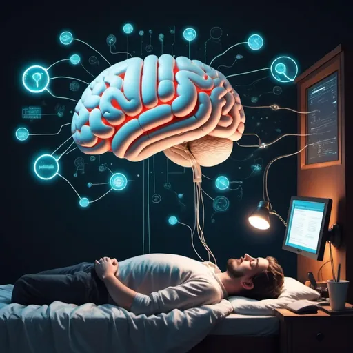 Prompt: A whimsical illustration of a sleeping programmer's brain at work. Half of the image shows the programmer peacefully asleep in bed, while the other half reveals the inside of their head as a bustling tech workshop. Tiny figures representing subconscious thoughts are seen fixing code, connecting neural pathways, and having 'aha!' moments. The scene is illuminated by a soft, dreamy glow, with lines of code floating around like thought bubbles. Style: Digital art with a touch of surrealism