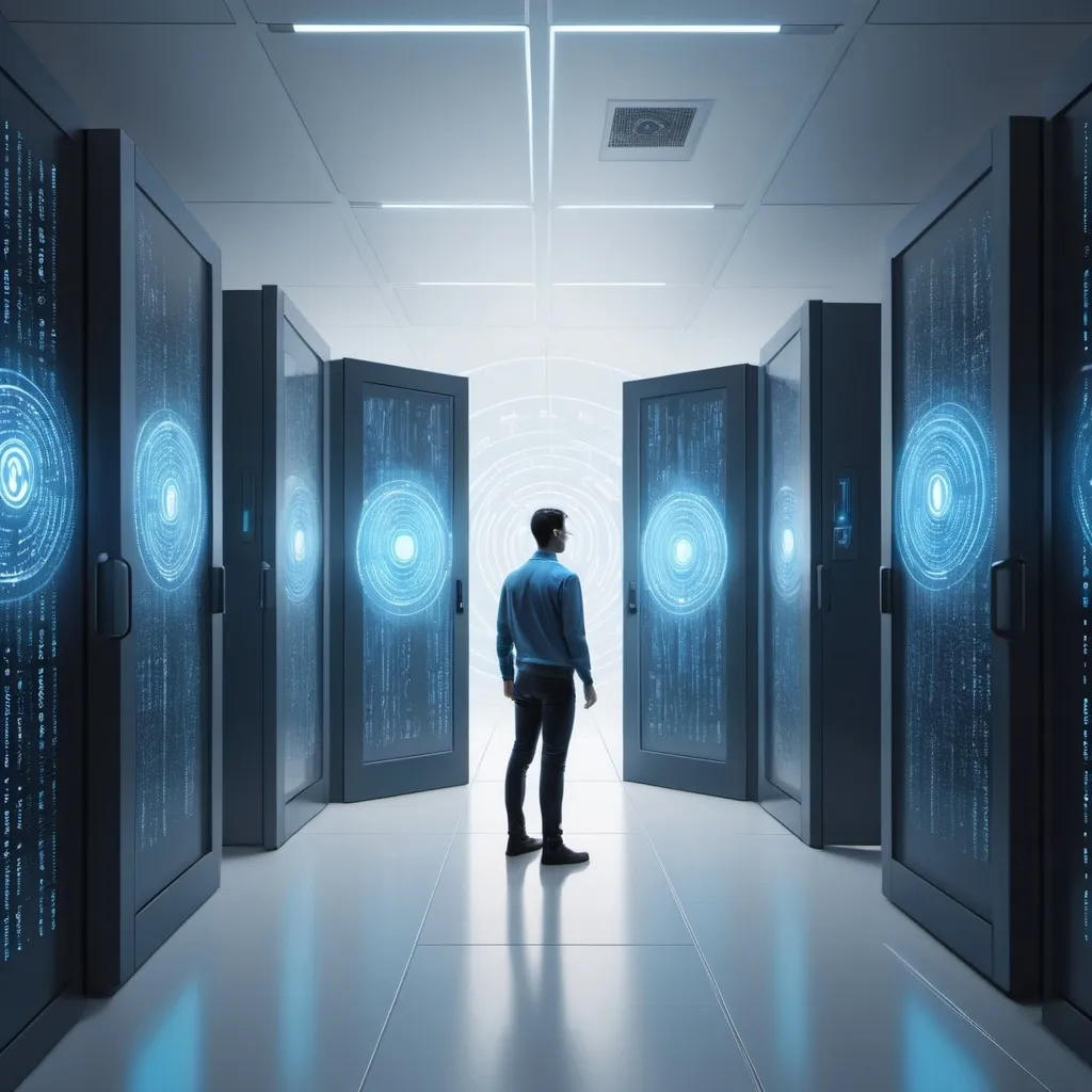 Prompt: A split screen digital illustration. On the left side, representing Authentication, show a person's face being scanned by futuristic blue light, with binary code flowing around. On the right side, representing Authorization, depict a hand holding a glowing access card in front of multiple doors with different security levels. The background should be a sleek, modern server room. Use a cool blue and white color scheme for a tech feel. Style: Clean, minimalist, high-tech illustration.