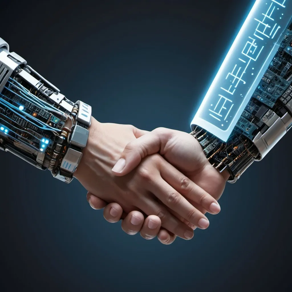 Prompt: A split-screen digital illustration showcasing two handshakes side by side, separated by a glowing vertical line. On the left side, a sleek robotic hand with visible circuitry and glowing blue lines shakes another robotic hand. Binary code and small floating JavaScript symbols surround this handshake. Above it, in a futuristic font, the word 'Promise' is displayed.
On the right side, two human hands engage in a warm handshake. The human hands are diverse in skin tone. Above this handshake, in a more traditional font, the word 'הבטחה' (Promise in Hebrew) is displayed.
Connecting the two handshakes, ethereal threads of light flow from one side to the other, symbolizing the connection between technological and human promises. In the background, a subtle circuit board pattern transitions into a soft, organic texture.
The color scheme should blend tech-inspired blues and silvers on the left with warm, natural tones on the right. The overall style should be modern and slightly realistic, with a touch of abstract elements in the connecting light threads.