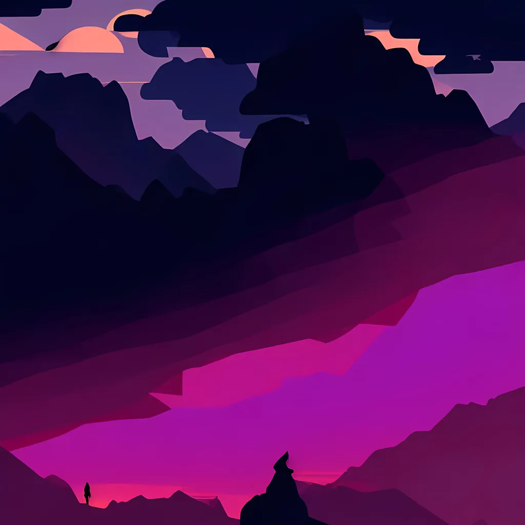 Prompt: Multiple layers of silhouette {object1}, with silhouette of {object2}, sharp edges, at sunset, with heavy fog in air, vector style, horizon silhouette Landscape wallpaper by Alena Aenami, firewatch game style, vector style background