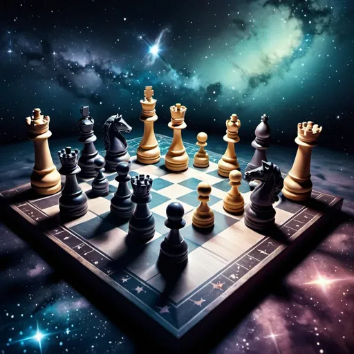 Prompt: Fantasy illustration of a chess board floating amidst constellations and the Milky Way in outer space, phosphorescent colors, detailed chess pieces, ethereal cosmic setting, magical glow, high quality, fantasy, phosphorescent colors, cosmic, detailed, ethereal, magical, celestial, mystical, surreal lighting, cosmic chess