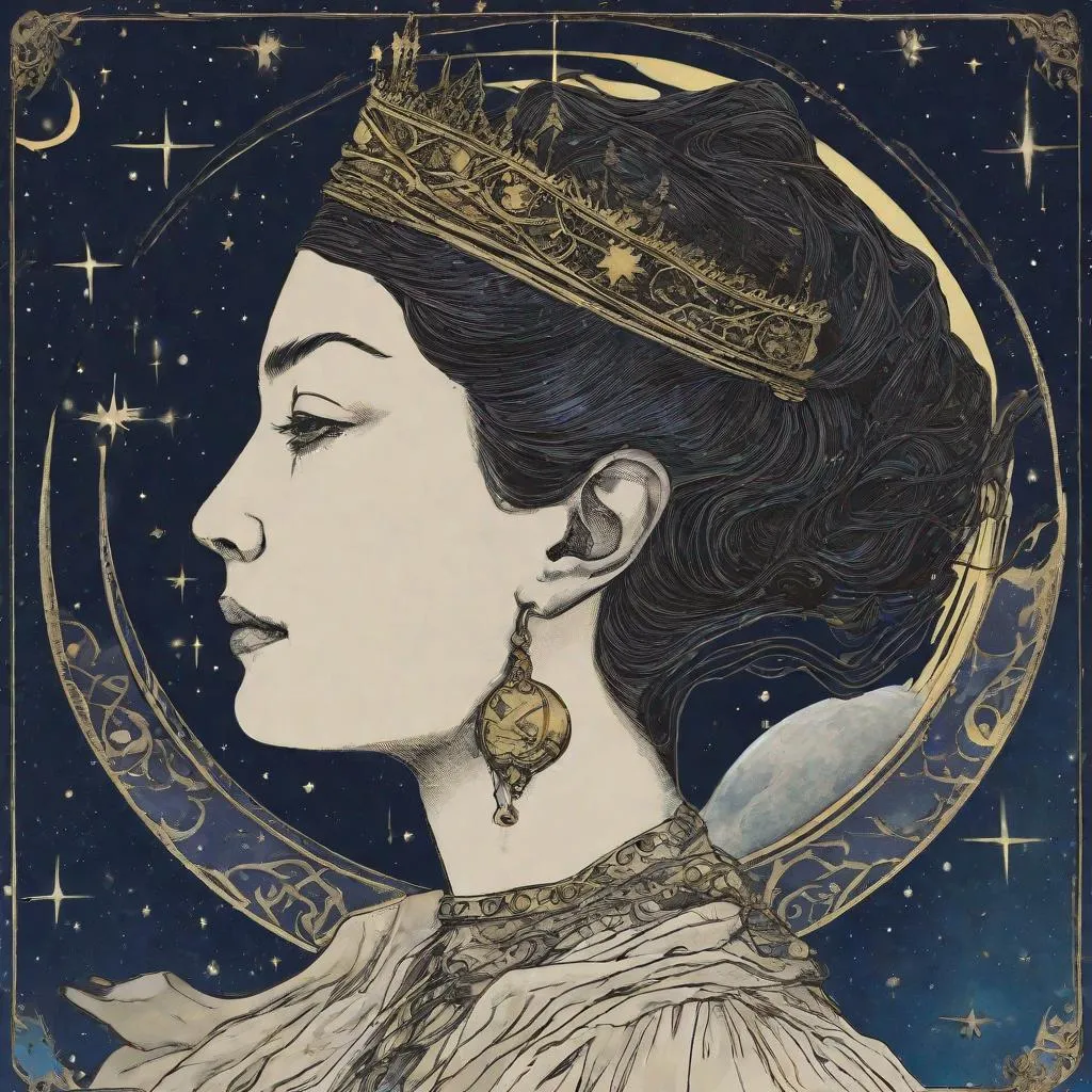 Prompt: Empress Tarot Side Portrait of head with night sky and moon