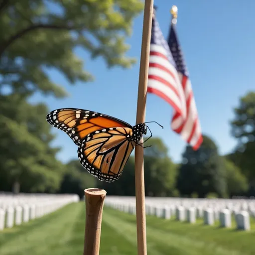 Prompt: a close up photo in hyper realism style with shallow depth of field with backlight deep blue sky day and Arlington Cemetery in the background of a monarch butterfly perched on tip of small wooden stick with American flag 