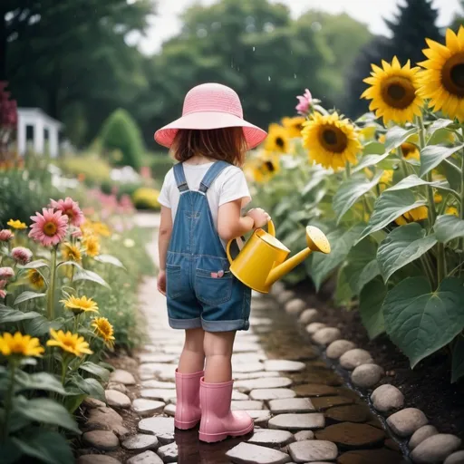 Prompt: make a photorealistic image with bokeh in 35mm film color film grain colorful garden in full bloom with butterflies, birds, puffy white clouds, overcast with sunbeams backlighting some sunflowers everything wet after a spring shower, down a curvy stone path we see a side view of a little girl in overalls, rain boots, sunhat bending over to water flowers with a little pink watering can 