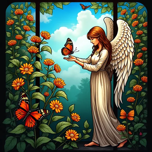 Prompt: (vibrant fantasy scene) Tiffany nature scene, stained glass, (bright colors), angel figure, outstretched hand, butterfly resting on fingertip, intricate details, monarch butterflies on milkweed, soft ethereal light, magical atmosphere, beautiful floral elements, church window backdrop, (highly detailed) (ultra-detailed) (4K).