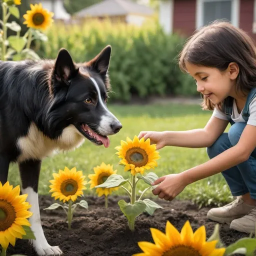 Prompt: make an 8k image photo quality of National Do Something Good for Your Neighbor Day: Show kindness and make a positive impact in your neighborhood or city including lots of sunflowers and monarch butterflies and multicultural children holding hands planting flowers in garden and adults helping each other border collie malinois shepherd dogs playing