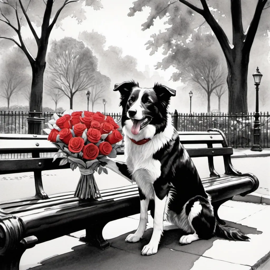 Prompt: A highly detailed engraved watercolor technique black and white with spot colors of a small small border Collie dog holding a small bouquet of red roses in his mouth giving the flowers to a mother and child sitting on a park bench in central park NYC in 2001