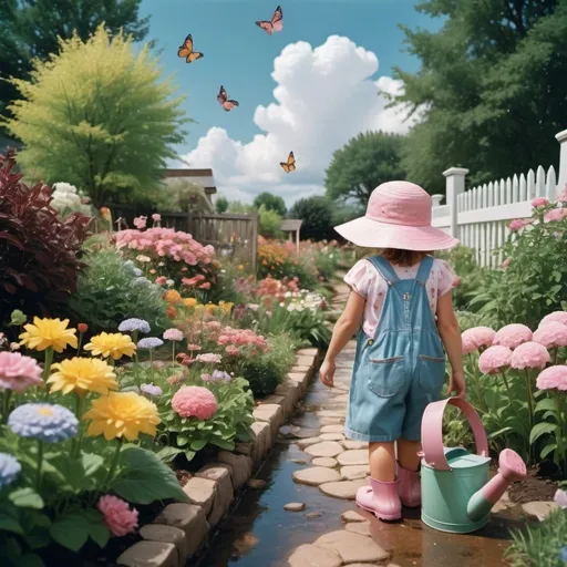 Prompt: make a photorealistic image in 35mm film color film grain colorful garden in full bloom with butterflies, birds, puffy white clouds, everything wet after a spring shower, with a stone path, a side view of a little girl in overalls, rain boots, sunhat bending over to water flowers with a little pink watering can