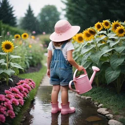 Prompt: make a photorealistic image with bokeh in 35mm film color film grain colorful garden in full bloom with butterflies, birds, puffy white clouds, overcast with sunbeams backlighting some sunflowers everything wet after a spring shower, down a curvy stone path we see a side view of a little girl in overalls, rain boots, sunhat bending over to water flowers with a little pink watering can overcast day 