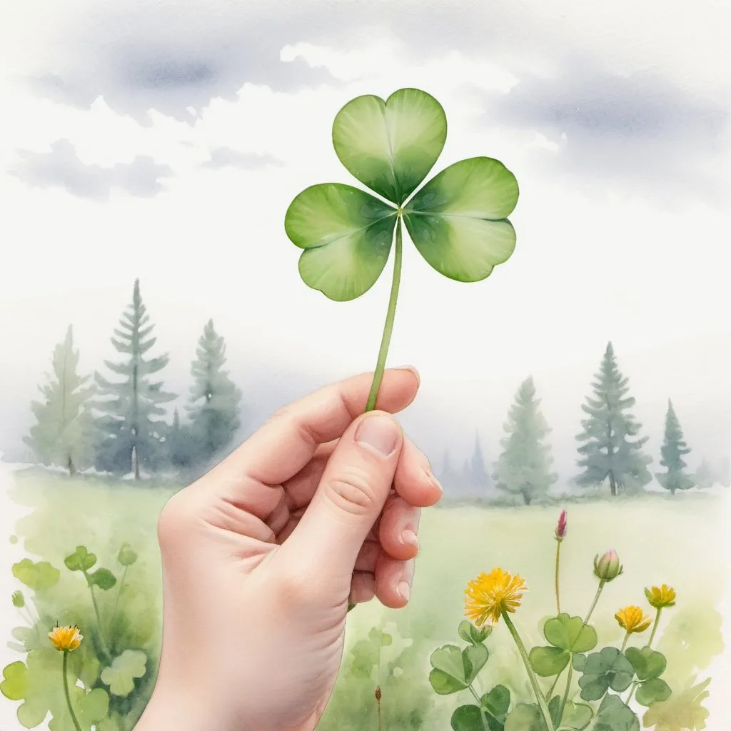 Prompt: A watercolor painting of a small four-leaf clover held by the stem between a child's thumb and index finger, with a simple soft focus white background, natural soft light of an overcast day sky, and garden wildflowers in the background in asymmetrical composition 