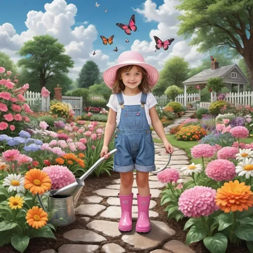 Prompt: Make a beautiful photorealistic image of a colorful garden in full bloom with butterflies birds puffy white clouds every thing wet after a spring shower with a stone path a little girl in overalls rain boots sunhat watering flowers with little pink watering can