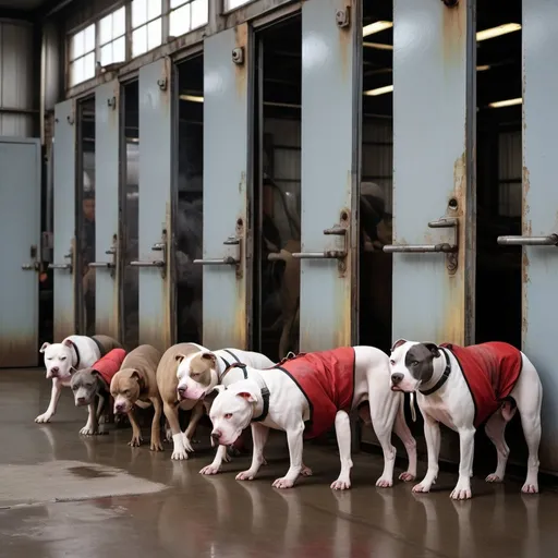 Prompt: make a photo realistic detailed documentary photo image of a long narrow single file line of sad pitbulls of different shapes colors and sizes walking in long single file line head to tail entering to go into the open stainless steel door of a small factory with bars on the windows with a short narrow smokestack belching smoke on a dreary day as 3 workers wearing hair nets and masks in white aprons with red stains