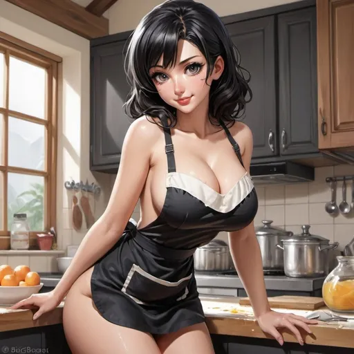 Prompt: high detail, masterpiece, perfect sensual eyes,  deailed hands, looking at viewer, from behind,  anime style ,  pinup, very bigbreasts，grey eyes，black hair ，sensual smile，painted lips, perfect teth , perfect body ,open the chest，((black apron swimwear kitchen))，(get stained with cream), slut, ((dirty bigbreast with cream))