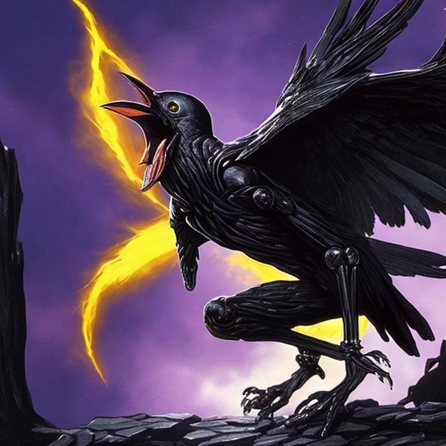 Prompt: Create an Humanoid Human Crow that is screeching with a loud visual shockwave in a fantasy setting. for a trading card
