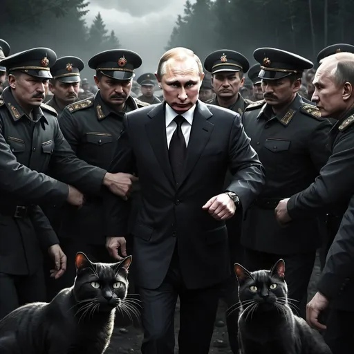 Prompt: Putin arrest by black cats, digital illustration, dramatic lighting, tense atmosphere, realistic depiction, high quality, detailed facial expressions, intense confrontation, political tension, dark and moody tones, highres, dramatic lighting, digital illustration, intense expressions, political theme, realistic style, tense atmosphere, soviet postapocaliptic landscape