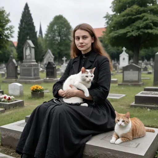 Prompt: a woman sitting on a grave holding a cat in her lap and a purse on her lap, with a cemetery in the background, Adrienn Henczné Deák, international gothic, f / 3 2, a picture