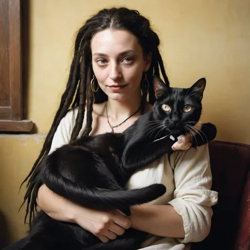 Prompt: a woman holding a black cat in her arms and a cat laying on her lap with a long dreadlock, Dali, les nabis, maya, a stock photo