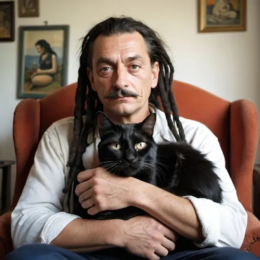 Prompt: a man holding a black cat in her arms and a cat laying on her lap with a long dreadlock, Dali, les nabis, maya, a stock photo