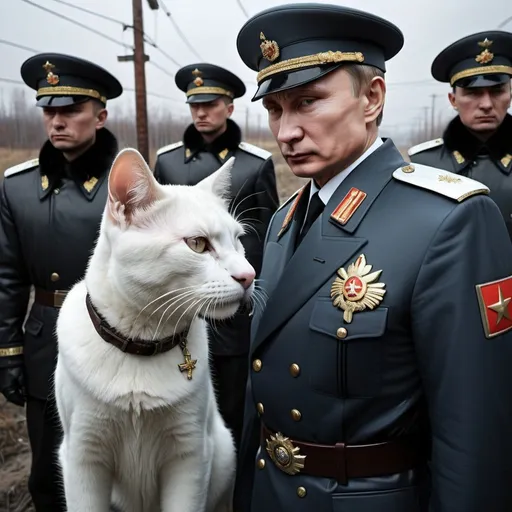 Prompt: Realistic photos of Putin's arrest by cyberpunk kitties, transportation to gulag, gritty and somber atmosphere, high quality, realistic, detailed facial expressions, cold tones, dramatic lighting, cyberpunk atmosphere, detailed uniforms, Russian landscape, intense emotion, serious, high-res, detailed, realistic, grit, solemn, intense, emotional, transportation, arrest, gulag, white hats, Putin, somber lighting, detailed uniforms, Russian landscape