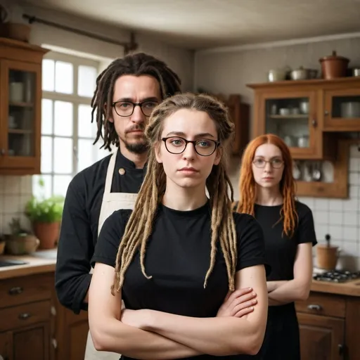 Prompt: a woman wearing glasses and a black top and dreadlock man is standing in a room with a blurry background of a kitchen, Adrienn Henczné Deák, pre-raphaelitism, studio photo, a character portrait