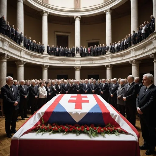 Prompt: In a solemn ceremony, the act of "pohřbil jsem sociální demokracii. ZA evropu bez komunistů" takes place. The scene is set in a grand, historic hall adorned with political symbols and echoes of the past. A sense of finality hangs in the air as the ideals of social democracy are laid to rest, symbolizing a shift in political ideologies. The image is rendered with a mix of realism and symbolism, capturing the gravity of the moment and the weight of political decisions. The mood is somber and reflective, inviting viewers to contemplate the complexities of political change and the impact on society as a whole. --ar 16:9 --v 5 --q 2