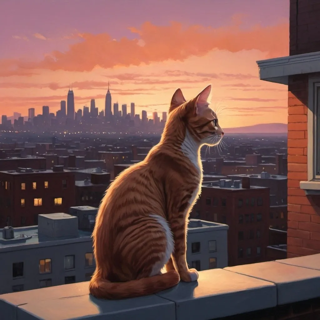 Prompt: Koťátko, Mike Echo, perches on a rooftop overlooking a sprawling cityscape at dusk. The city below is aglow with the warm hues of sunset, casting long shadows and painting the sky in a palette of oranges and pinks. Mike Echo, with ears perked and eyes wide, listens to the distant sounds of the city coming to life as night falls. The image is rendered with a blend of realism and whimsy, capturing the kitten's sense of wonder and the beauty of the urban landscape. The mood is one of tranquility and contemplation, as Mike Echo enjoys a peaceful moment amidst the bustling city below. --ar 16:9 --v 5 --q 2




