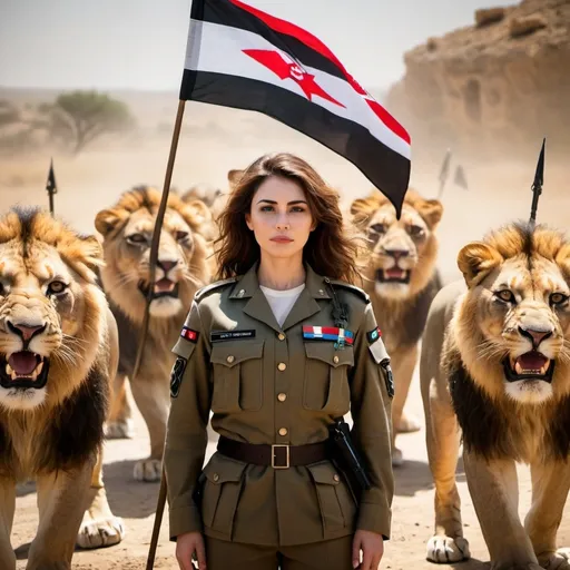 Prompt: a woman standing in front of lions with a flag of izrael on it's back and a group of soldiers behind her, Anton Graff, unilalianism, powerful, a stock photo