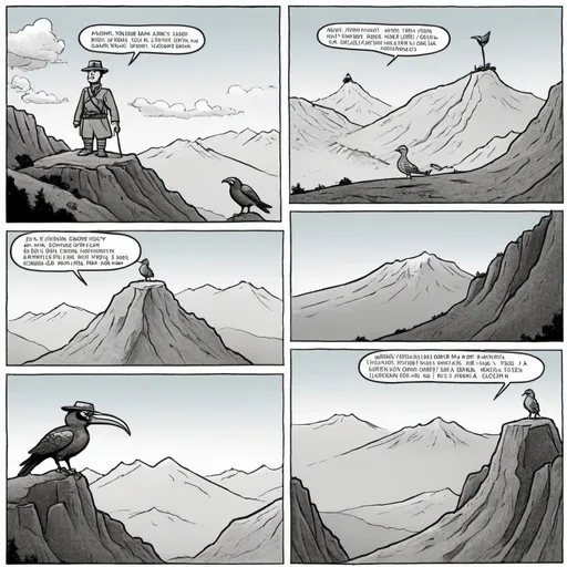 Prompt: a comic strip with a cartoon of a man in a hat and a bird on top of a mountain, Aquirax Uno, cobra, war, koťátko, a cartoon
