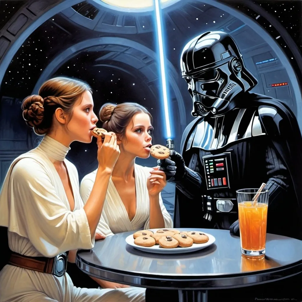 Prompt: a painting of a star wars scene with a woman drinking a drink and a man eating a cookie and a man eating a cookie, Drew Struzan, fantastic realism, star wars, a pop art painting