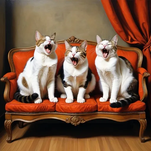 Prompt: two cats are sitting on a couch and one is yawning and the other is yawning, Bourgeois, optical illusion, renaissance painting, a renaissance painting