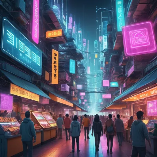 Prompt: Within the Cyber City, a bustling marketplace filled with holographic displays, robotic vendors selling futuristic goods, neon signs flickering above the crowded streets, a vibrant and lively atmosphere of commerce and technology, Illustration, creating a detailed digital artwork of the bustling marketplace with a focus on the diverse characters and products, --ar 16:9 --v 5